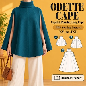 Wool Cape Sewing Pattern for Women, Capelet Poncho Long Cape PDF, Arm Slits, Funnel Neck, Beginner Friendly, Plus Sizes XS-4XL