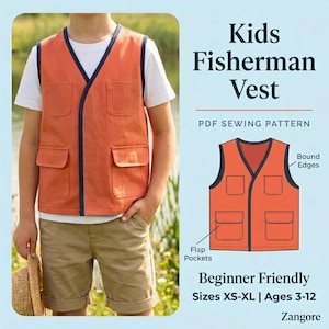 Könnte beinhalten: Ein PDF-Schnittmuster für eine Kinder-Anglerweste in Orange mit dunkelblauen Kanten und vier Pattentaschen. Der Text umfasst Kids Fisherman Vest, PDF Sewing Pattern, Beginner Friendly, Sizes XS-XL, Ages 3-12 und Zangore.