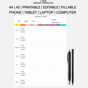 Träningsspårare, ifyllningsbar och utskrivbar PDF, Google Sheets, GoodNotes, Notability, Microsoft Excel, träningsplanerare