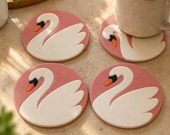 Smooth Swan Coaster Set of 4, 3D Printed Drink Mats, Minimalist Home Decor Gift