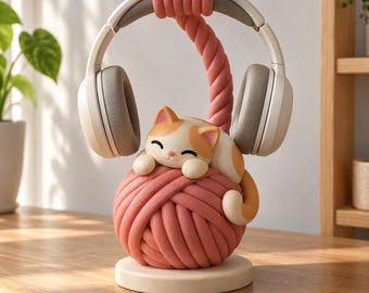 Soporte para auriculares con forma de bola de hilo esponjoso, decoración de escritorio impresa en 3D, accesorio para configuración de juegos.