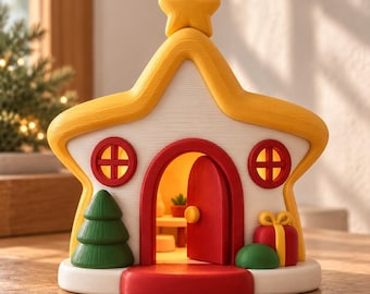 Elegante casita de hadas navideña con forma de estrella, impresa en 3D, decoración y regalo originales.
