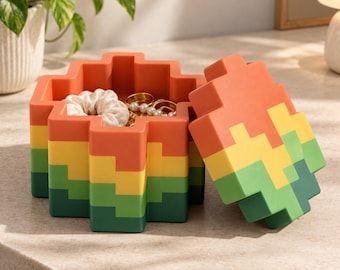 Vibrant Pixelated Landscape Storage Box, 3D Printed, Modern Desk Organizer with Lid