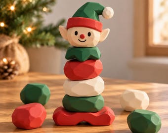 Cheerful Elf Balancing Stones Game, 3D Printed Holiday Decor, Christmas Tabletop Fun