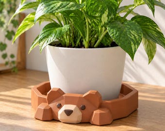 Plato para macetas con diseño abstracto de oso, bandeja de goteo impresa en 3D de baja poligonización, decoración minimalista moderna.