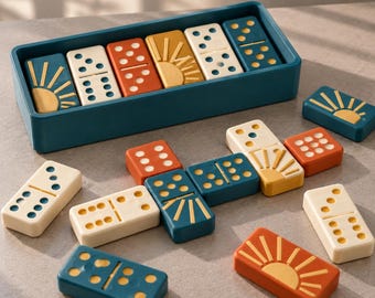 Art Deco Sun Dial Domino Set, 3D Printed Luxury Board Game, Retro Geometric Tabletop Decor