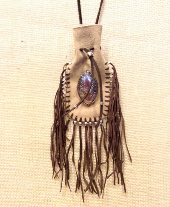 Items similar to Leather Medicine Bag Necklace with Fringe and Silver ...