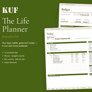 KUF Life Planner Excel Template | Daily Weekly Monthly Planner, Budget, Habits (Digital Download) image 1