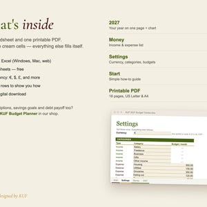 Op de afbeelding: Een productpagina voor een digitale budgetplanner met de tekst What's inside, 2027, Money, Settings en Start. Het vermeldt compatibiliteit met Microsoft Excel en Google Sheets, toont een voorbeeld van een spreadsheet en noemt A4 PDF-formaten.