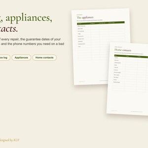 May include: A digital planner page set featuring the text Log, appliances, contacts. Includes two printable sheets with tables for tracking appliance maintenance and home service contacts, with green headers and white backgrounds.