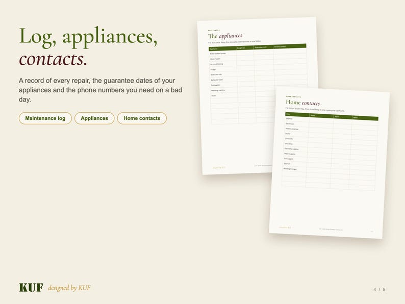 May include: A digital planner page set featuring the text Log, appliances, contacts. Includes two printable sheets with tables for tracking appliance maintenance and home service contacts, with green headers and white backgrounds.