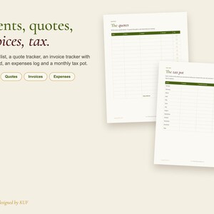 May include: A digital business planner featuring pages titled The quotes and The tax pot. The text reads Clients, quotes, invoices, tax, with a list of trackers for clients, quotes, invoices, expenses, and a tax pot. The layout uses green headers.