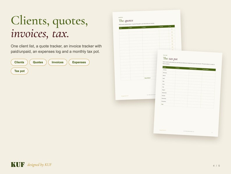 May include: A digital business planner featuring pages titled The quotes and The tax pot. The text reads Clients, quotes, invoices, tax, with a list of trackers for clients, quotes, invoices, expenses, and a tax pot. The layout uses green headers.