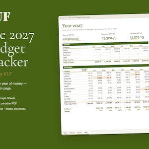 Op de afbeelding: Een digitaal budgettracker-sjabloon getiteld KUF The 2027 Budget Tracker, weergegeven op een scherm tegen een donkergroene achtergrond. Het spreadsheet toont inkomsten- en uitgavencategorie&euml;n voor het jaar 2027 met kolommen voor maandelijkse gegevens.