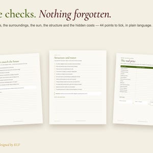 以下が含まれることがあります： Five checks. Nothing forgotten.というタイトルのチェックリストの白いページが3枚。各ページにはThe papers match the house、Structure and water、The real priceなどのテキストセクションがあり、チェックボックスとメモ用の罫線が記載されています。