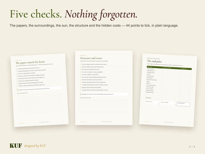 以下が含まれることがあります： Five checks. Nothing forgotten.というタイトルのチェックリストの白いページが3枚。各ページにはThe papers match the house、Structure and water、The real priceなどのテキストセクションがあり、チェックボックスとメモ用の罫線が記載されています。