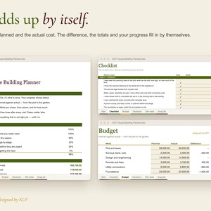 以下が含まれることがあります： Start、Checklist、Budget、Decisions、Site visits、Snag listのタブを備えたデジタル住宅建築プランナースプレッドシート。インターフェースは緑色のヘッダー、白い背景、計画コストと実際のコストを比較する列で構成され、進捗率と財務データを追跡します。