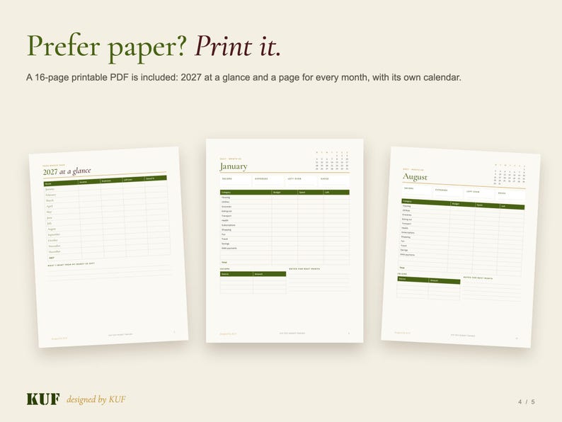 Op de afbeelding: Een 16-pagina tellende printbare PDF-planner met een overzicht voor 2027 en individuele maandkalenderpagina's. De documenten tonen donkergroene koppen, georganiseerde tabellen voor bijhouding en de tekst 2027 at a glance, January en August.