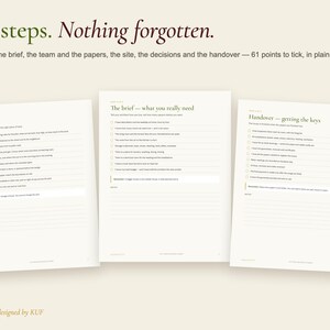 以下が含まれることがあります： Six steps. Nothing forgotten.というタイトルのチェックリストの白いページが3枚。各ページにはチェックボックス付きのリストがあり、The plot、The brief &mdash; what you really need、Handover &mdash; getting the keysといった見出しが記載されており、合計61のチェック項目があります。