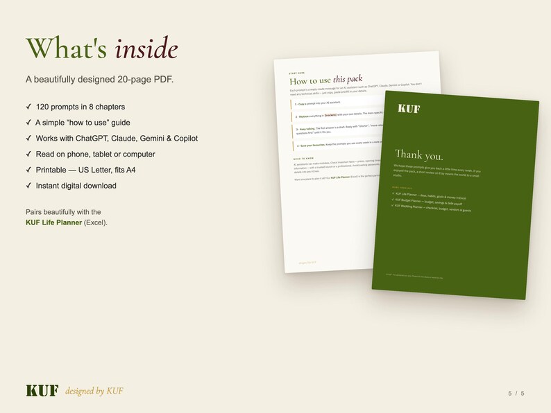 120 ChatGPT & Claude Prompts for Everyday Life | KUF Calm Life Pack (PDF) image 5