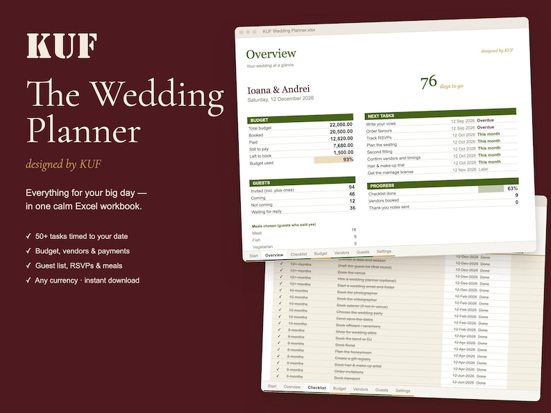 KUF Wedding Planner Excel Template | Wedding Budget, Checklist, Guest List & RSVP Tracker (Digital Download) image 1
