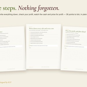 May include: Three white pages of a business planner featuring checklists and lined sections. The text reads: Five steps. Nothing forgotten. Set it up, write everything down, check your profit, watch the cash and price for profit. KUF designed by KUF.