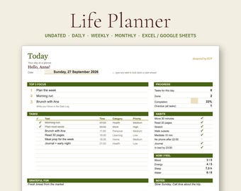 Life Planner Excel Spreadsheet, Undated Daily Weekly Monthly Planner (Digital Download)