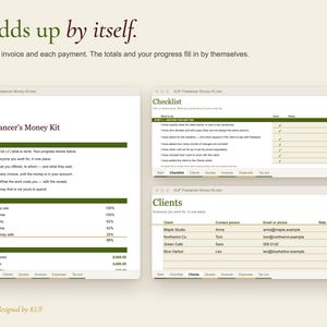 May include: A digital spreadsheet template titled The Freelancer's Money Kit by KUF, featuring tabs for Checklist, Clients, Quotes, Invoices, Expenses, and Tax pot. The interface displays progress tracking, client contact lists, and financial data tables.