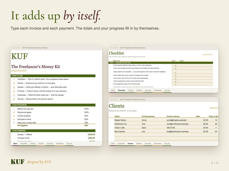 May include: A digital spreadsheet template titled The Freelancer's Money Kit by KUF, featuring tabs for Checklist, Clients, Quotes, Invoices, Expenses, and Tax pot. The interface displays progress tracking, client contact lists, and financial data tables.