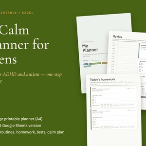 Planner voor tieners met ADHD of autisme, visuele dagelijkse routine, huiswerkplanning (PDF + Excel) afbeelding 1
