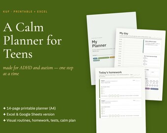 10代のADHD・自閉症児向けプランナー、視覚的な日課表、宿題・学習記録（PDF + Excel）