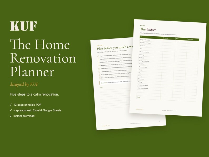 K&ouml;nnte beinhalten: Ein Set von Dokumenten zur Hausrenovierungsplanung mit einem Deckblatt mit dem Text KUF The Home Renovation Planner, einer Checklisten-Seite mit dem Titel Plan before you touch a wall und einer Budget-Tabellenseite mit Spalten f&uuml;r Posten.