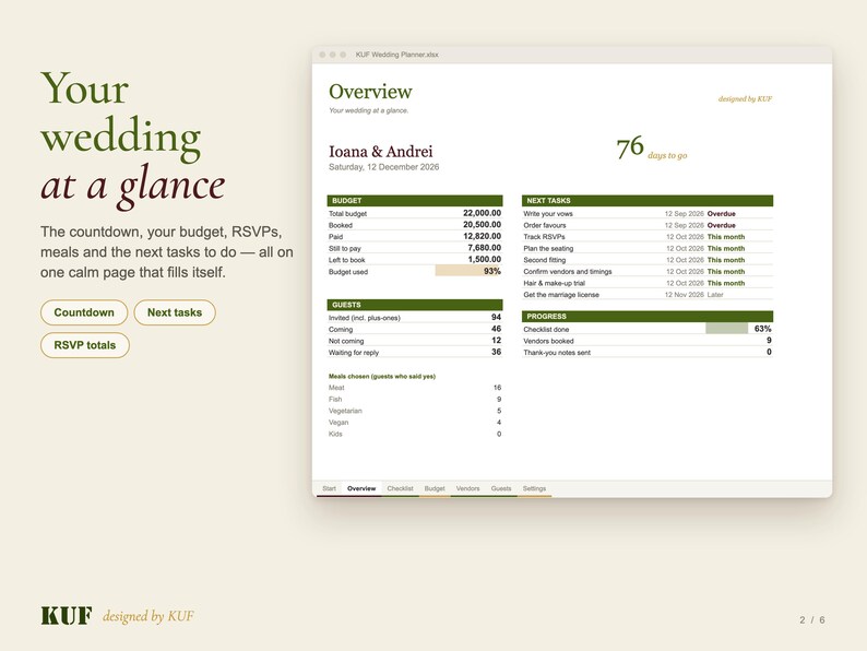 KUF Wedding Planner Excel Template | Wedding Budget, Checklist, Guest List & RSVP Tracker (Digital Download) image 2