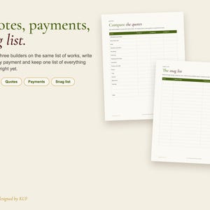 K&ouml;nnte beinhalten: Ein digitales Planer-Seitenset mit dem Text Quotes, payments, snag list. Zwei wei&szlig;e Dokumentenbl&auml;tter sind abgebildet, eines mit dem Titel Compare the quotes mit einer Tabelle f&uuml;r drei Bauunternehmer und eines mit dem Titel The snag list mit nummerierten Zeilen.