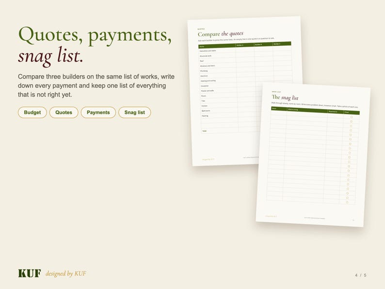 K&ouml;nnte beinhalten: Ein digitales Planer-Seitenset mit dem Text Quotes, payments, snag list. Zwei wei&szlig;e Dokumentenbl&auml;tter sind abgebildet, eines mit dem Titel Compare the quotes mit einer Tabelle f&uuml;r drei Bauunternehmer und eines mit dem Titel The snag list mit nummerierten Zeilen.