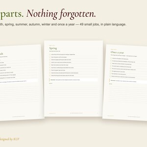 May include: Three white pages from a home maintenance planner featuring dark green text and checkboxes. The headings read Six parts. Nothing forgotten. Every month, Spring, and Once a year. Each page includes a list of tasks and lined notes section.