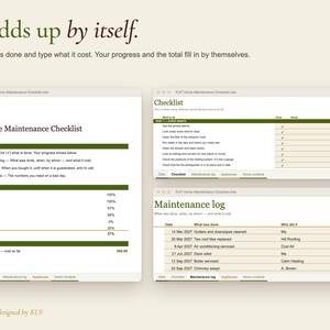 May include: A digital home maintenance spreadsheet template titled KUF The Home Maintenance Checklist. The interface displays tabs for Start, Checklist, Maintenance log, Appliances, and Home contacts, featuring green headers, white backgrounds, and organized tables for tracking tasks, progress percentages, and costs.