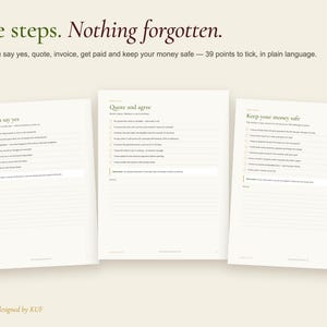 May include: Three white pages of a business checklist titled Five steps. Nothing forgotten. The pages contain sections labelled Before you say yes, Quote and agree, and Keep your money safe, with checkboxes and lines for notes. The KUF logo is at the bottom.