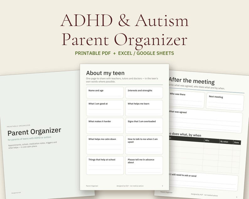 ADHD Autism Parent Organizer, School Meeting Notes, Medication Log (PDF + Excel) image 1