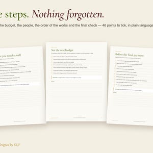 K&ouml;nnte beinhalten: Drei wei&szlig;e Seiten eines Projektplaners mit dunkelgr&uuml;nem Text. Die &Uuml;berschrift lautet Five steps. Nothing forgotten. Die Seiten enthalten Checklisten mit den Titeln Plan before you touch a wall, Set the real budget und Before the final payment mit Zeilen f&uuml;r Notizen.