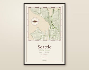 Seattle sjökortstryck, karta över Elliott Bay Harbor, väggkonst i vintagestil (digital nedladdning)