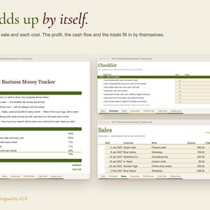 May include: A digital small business money tracker interface featuring three windows. The main window displays a how-to guide, progress percentages, and total sales and costs. Other windows show a checklist and a sales log with dates and amounts.
