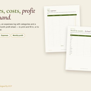 May include: A digital sales and expense log template featuring the text Sales, costs, profit by hand. The document includes a table for expenses and a monthly profit sheet with columns for month, sales, costs, and profit, all designed by KUF.