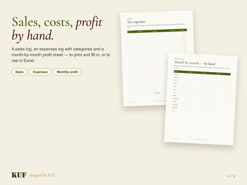 May include: A digital sales and expense log template featuring the text Sales, costs, profit by hand. The document includes a table for expenses and a monthly profit sheet with columns for month, sales, costs, and profit, all designed by KUF.