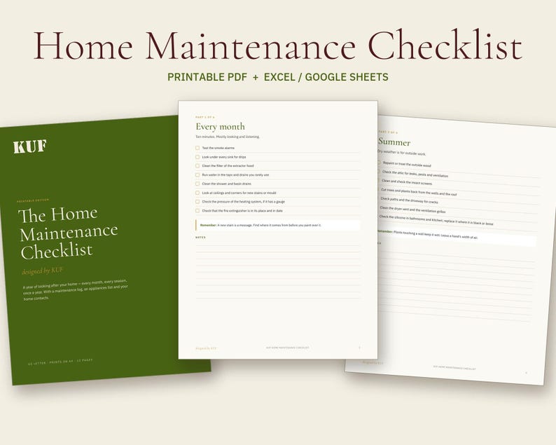 Home Maintenance Checklist PDF + Excel, Seasonal Planner, Repair Log (Digital Download) image 1
