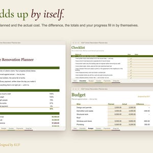 K&ouml;nnte beinhalten: Eine digitale Tabellenkalkulation zur Planung von Hausrenovierungen mit Reitern f&uuml;r Checklist, Budget, Quotes, Payments und Snag list. Die Oberfl&auml;che zeigt Projektfortschritt, Finanz&uuml;bersichten und Aufgabenlisten auf wei&szlig;em Grund.