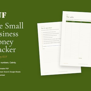 May include: A digital small business money tracker template featuring two white pages with dark green text and lines. The left page is titled Set it up once with a checklist, and the right page is titled The sales with a table for tracking income.