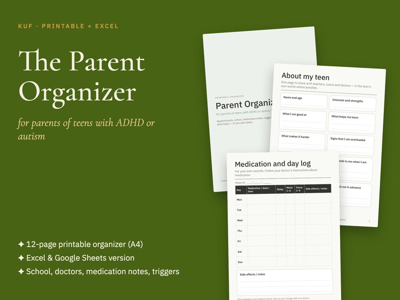 ADHD Autism Parent Organizer, School Meeting Notes, Medication Log (PDF + Excel) image 2