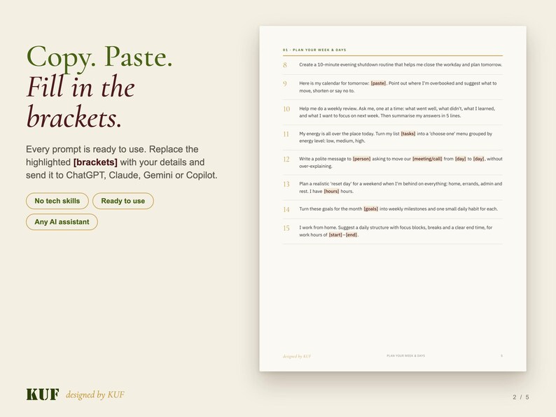 120 ChatGPT & Claude Prompts for Everyday Life | KUF Calm Life Pack (PDF) image 3