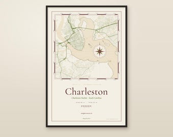 Sjökortstryck från Charleston, karta över South Carolinas hamn, väggkonst i vintagestil (digital nedladdning)